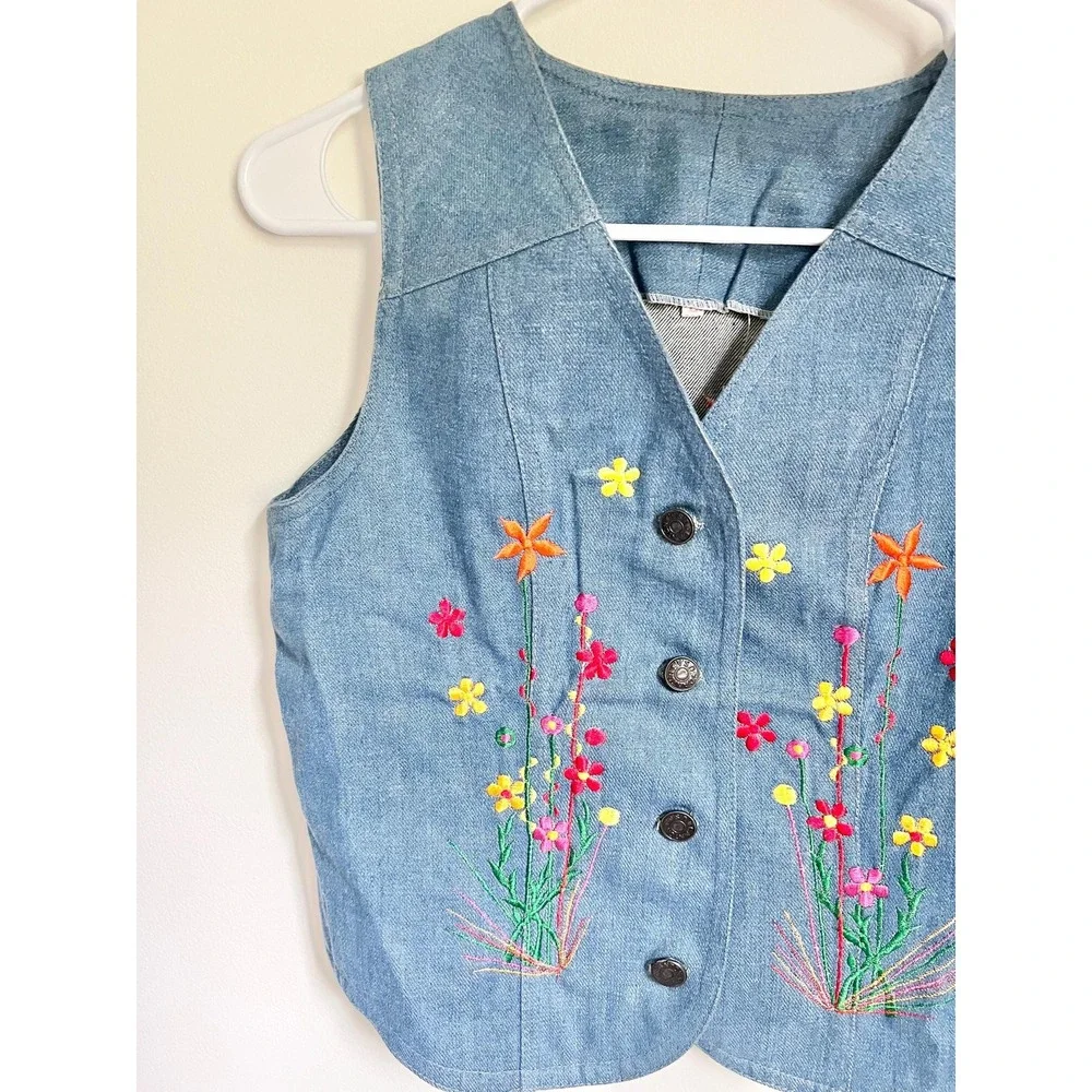 Vintage Children's 1970s‎ Flower Power Embroidered Denim Jean Vest Size L